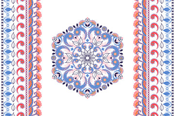 Vector background with hexagon mandala and  seamless borders. Ethnic indian kalamkari ornament. Floral paisley decorative pattern