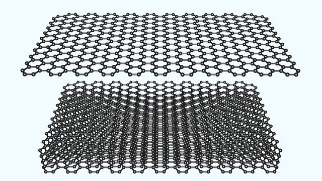 Graphene layering , stacking . Hexagon layers stacked on top of each other.  Nanomaterials, supermaterials . 3d rendering illustration