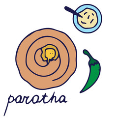 Hand drawn isolated indian food icon. Color fill illustration of indian flat bread. Paratha.