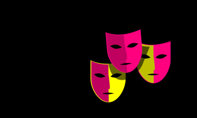 Set of colorful carnival masks lilac and yellow. Dark background. Theater, old comedy. Illustration with mysterious aroma. Essence of the hidden. Space, copy paste.