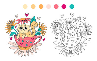 Cat in cup with flowers and hearts. Cute vector hand drawn doodle vector illustration, coloring page. Spring, summer mood. Funny animal children art. Little kitten art. Isolated on white background.