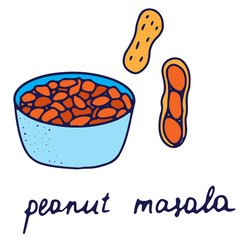 Hand drawn isolated traditional indian food icon. Color fill illustration of indian dish. Peanut masala bowl. 