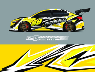 Fototapeta premium Vehicle graphic livery design vector. Graphic abstract stripe racing background designs for wrap cargo van, race car, pickup truck and adventure. Full vector Eps 10.