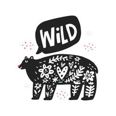 Black bear hand drawn illustration with typography. Monocolor lettering in speech cloud. Cartoon wild animal and inscription. Herb stems, flowers, hearts and dot spots design element