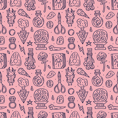 Witchcraft cute vector doodle hand drawn seamless pattern, background, texture. Isolated on white background. Different magic tools, equipment. Alchemistry, talismans, plants. Decorative element. 
