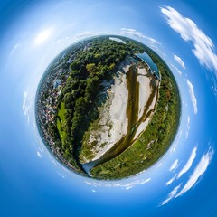 Little Planet-Ansicht Lech mit Hochablass, Kuhsee, Eiskanal und Augsburger Stadtwald