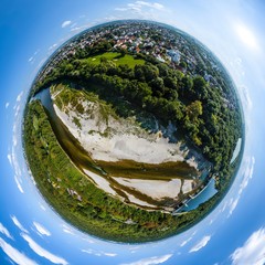 Little Planet-Ansicht Lech mit Hochablass, Kuhsee, Eiskanal und Augsburger Stadtwald