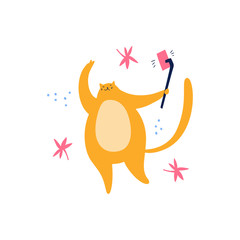 Cat make selfie photo. Palm leaves background. Make yourself photo. Summer rest time. Hand drawn flat clipart. Scandinavian cartoon illustration.