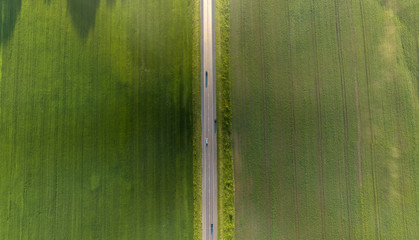 Aerial top view of a landscape while traveling by car on an asphalt highway in the middle of a green agricultural field with grass in the summer. Ecology and the environment.