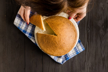 analytic pie chart concept. Cut small sector from manna pie