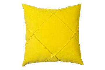 Yellow and clean pillow isolated on white background with clipping path. Close-up of yellow pillow isolated on a white background. Pillow for sleeping.