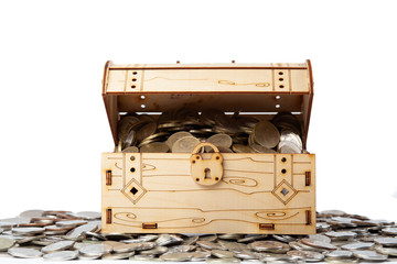 A treasure of money coins lies in and around the chest.