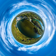 Little Planet-Ansicht Lech mit Hochablass, Kuhsee, Eiskanal und Augsburger Stadtwald