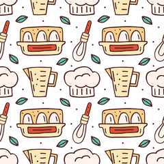 Kitchen elements cute doodle hand drawn cartoon vector seamless pattern, background, texture, wallpaper. Colorful design. Isolated on white background. Cooking equipment, food, kitchenware, herbs. 