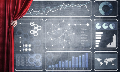 Business success strategy concept presented by infographs on concrete wall