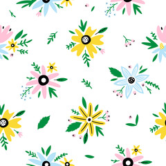 Fototapeta na wymiar Floral Hand Drawn Seamless Pattern with Flowers and Leaves. Vector design for wrapping paper, cover, interior decor, textile, fabric design