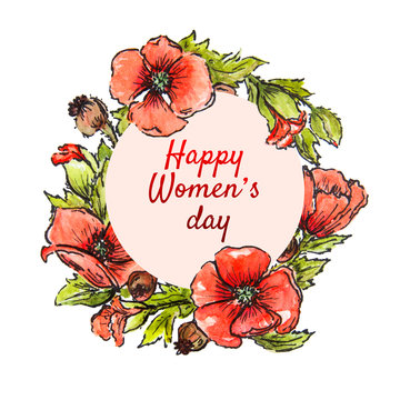 Postcard from March 8! Banner International Women's Day, on a white background. Illustration of red poppies on a white watercolor background.