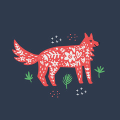 Color fox hand drawn flat vector illustration. Cartoon fantastic red animal in scandinavian style. Grass branches with leaves, cross spots design element. Wild mammal isolated on black backdrop