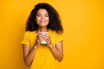 Close-up portrait of her she nice attractive lovely calm dreamy cheerful wavy-haired girl drinking sweet cacao harmony isolated over bright vivid shine vibrant yellow color background