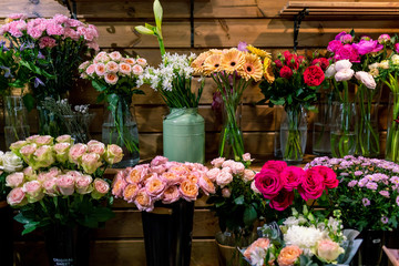 Fototapeta na wymiar Assortment of beautiful flowers in shop. beautiful colorful flowers