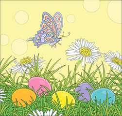 Small brightly colored butterfly flitting over wildflowers and decorated Easter eggs among thick green grass on a sunny spring day, vector cartoon illustration