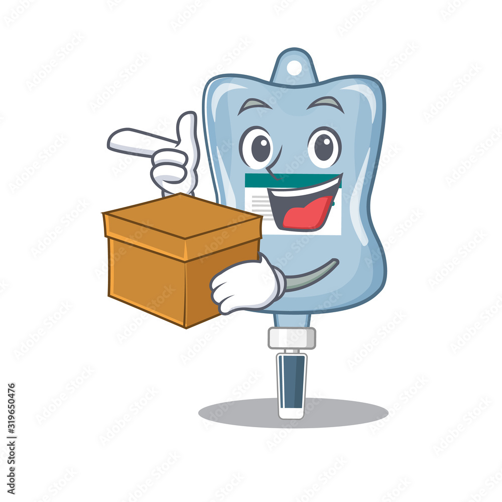 Sticker Cute saline bag cartoon character having a box