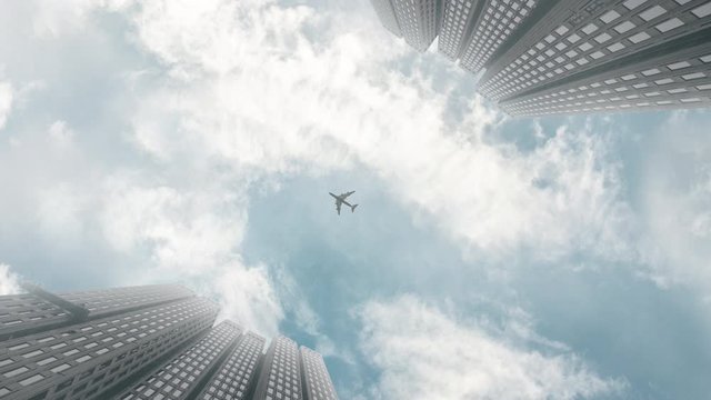 An airplane flying overhead between high-rise city buildings on a journey