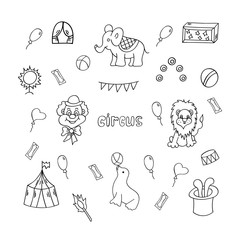 Circus set. Doodle elements. Vector illustration.