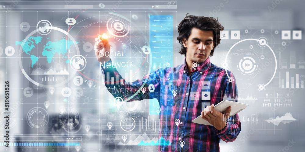 Wall mural man using media interface. mixed media