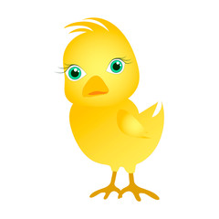 Chicken in cartoon style. Cute yellow chick. Applicable for Easter cards, children's books. Stock vector isolated image on a white background.