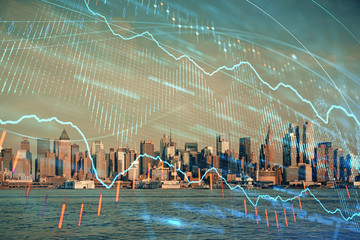 Forex chart on cityscape with skyscrapers wallpaper double exposure. Financial research concept.