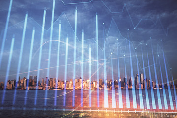 Forex chart on cityscape with skyscrapers wallpaper double exposure. Financial research concept.