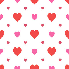 Seamless pattern in stylish red and bright pink hearts on white background for fabric, textile, clothes, tablecloth and other things. Vector image.