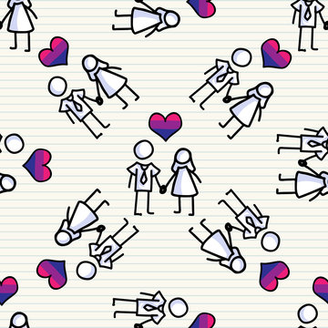 vCute stick figure bisexual relationship seamless vector pattern. Hand drawn homosexual relationship on striped background. Valentines day diversity home decor. Lgbt, affection all over print. 