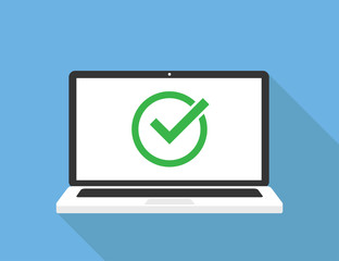 Laptop and check green mark. Vector technology design. White screen. Roung green tick icon. Successful update or accept.