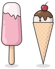 Pink ice cream on a stick and ice cream chocolate cone. Set.