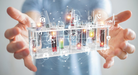 Man holding and touching medical analysis in tubes samples 3D rendering
