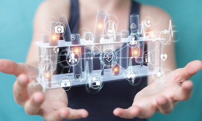 Woman holding and touching holographic tubes samples projection 3D rendering