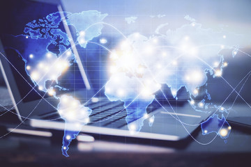 Multi exposure of business theme icons and work space with computer background. Concept of success.