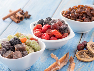 dried fruits in a white plate on a blue wooden background.