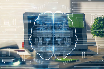 Multi exposure of work table with computer and brain hologram. Brainstorm concept.