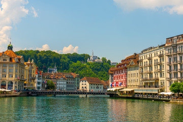 Fototapeta premium City of Lucerne and Reuss River and Building in a Sunny Day in Switzerland.