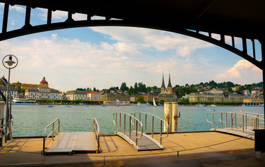 Cityscape over Lucerne from a Pier in Switzerland.