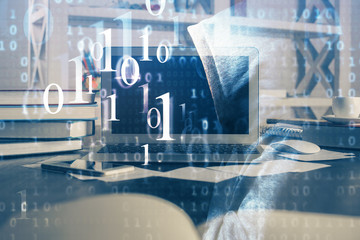 Technology theme drawing and work space with computer. Double exposure. Concept of innovation.