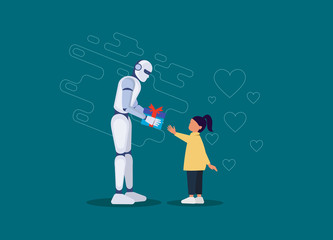 A kind robot gives a gift to a little girl. The friendship of a robot and a child. The concept of artificial intelligence. Vector