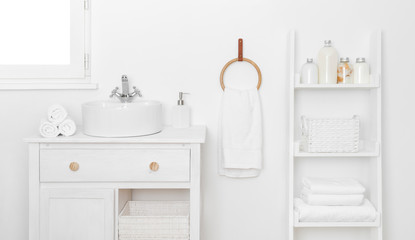 Bathroom interior with simple stylish furniture and various hygiene tools