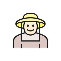 Beekeeper in protective clothing flat color line icon.