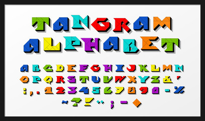 Colorful tangram alphabet (Each letter/figure is formed from a 7-shape tangram puzzle)