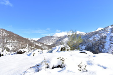 Winter landscape with snowy mountains, forest and road with blue sky. Ancares, Lugo, Galicia, Spain.
