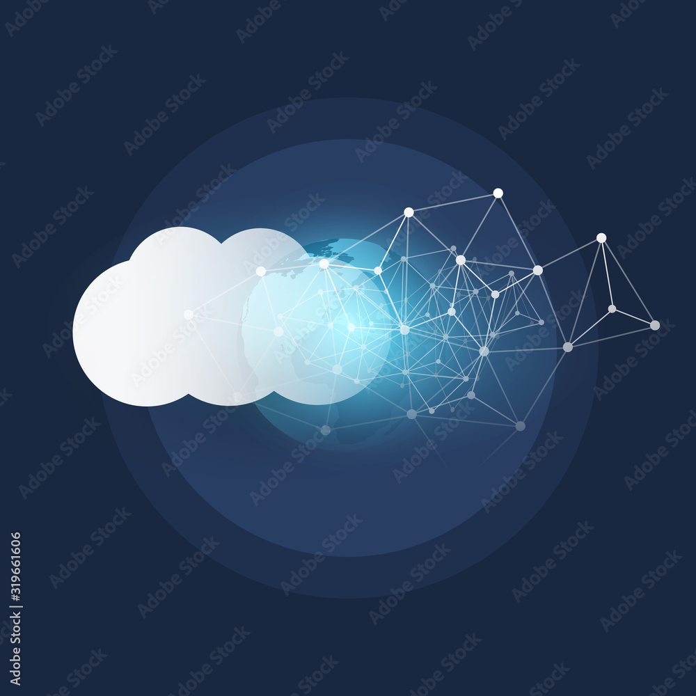 Poster cloud computing design concept - digital connections, technology background with earth globe and geo